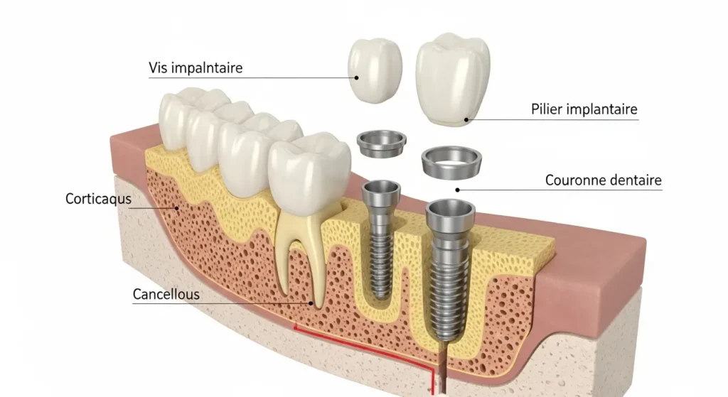 Anatomie d'un implant dentaire complet implant, pilier, couronne