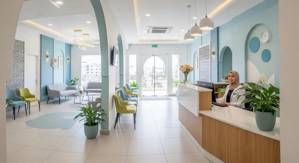 Comment Choisir Votre Dentiste à Tanger - Salle d'attente moderne et accueillante d'un cabinet dentaire à Tanger avec réception professionnelle