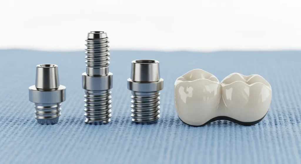 Composants d'un implant dentaire complet vis en titane, pilier et couronne en zircone