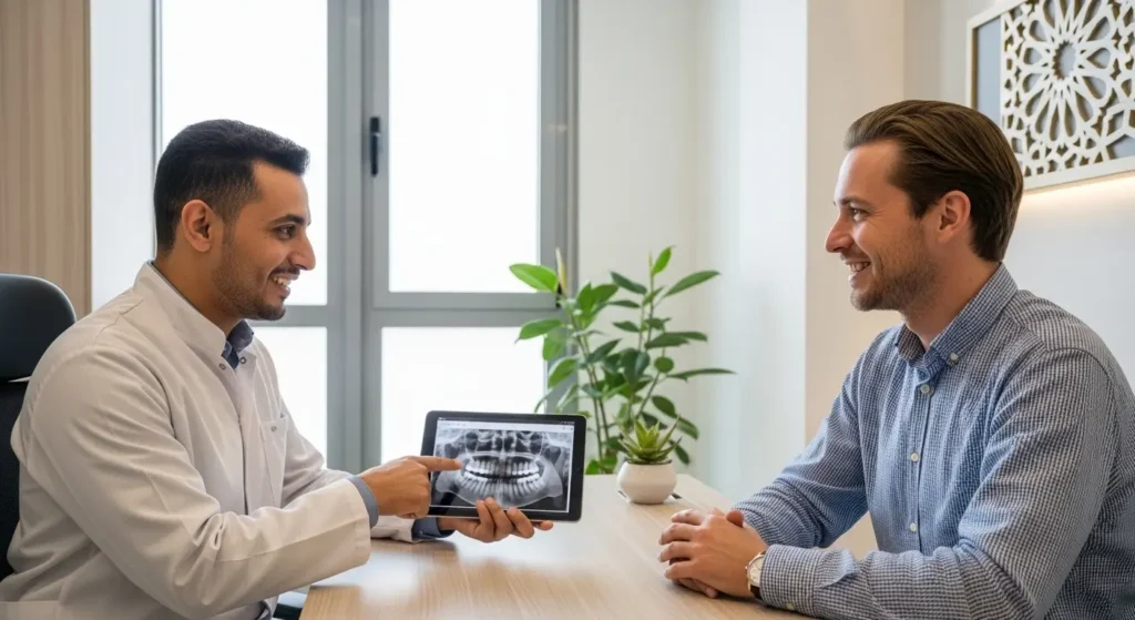 Dentiste marocain expliquant le plan de traitement à un patient international lors de la consultation initiale