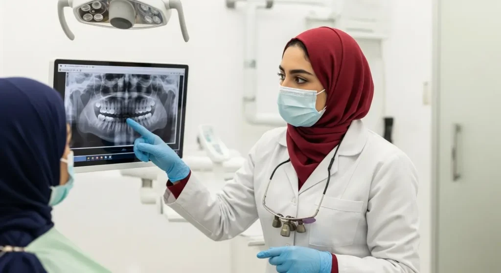 Dentiste marocain expliquant un plan de traitement à un patient avec radiographies numériques dans un cabinet moderne
