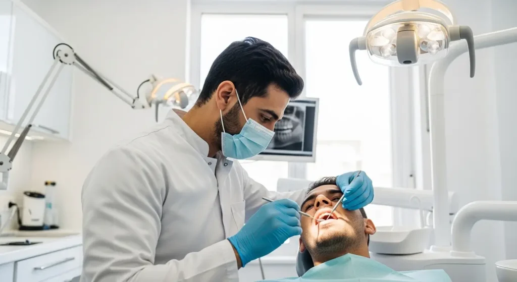 Dentiste professionnel à Rabat examinant un patient dans une clinique moderne et stérile