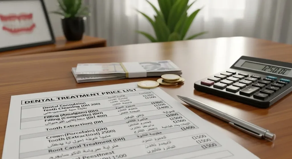 Devis détaillé des tarifs de soins dentaires à Rabat avec calculatrice et dirhams marocains