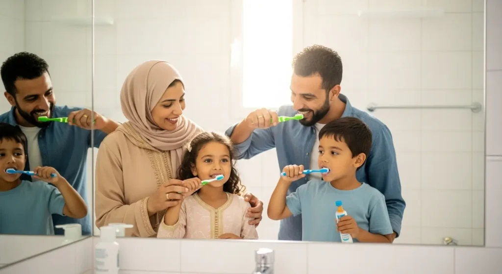 Famille marocaine pratiquant l'hygiène dentaire préventive ensemble pour économiser sur les soins