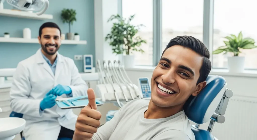 Patient marocain souriant et satisfait après des soins dentaires réussis dans un cabinet moderne à Tanger