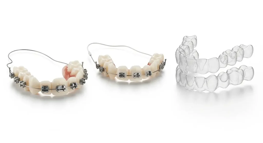 Types d'appareils orthodontiques bagues métalliques, céramiques, Invisalign