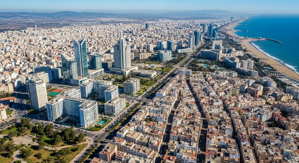 Vue aérienne de Casablanca montrant les différents quartiers (Anfa, Maarif, Ain Diab) avec variations de prix dentaires