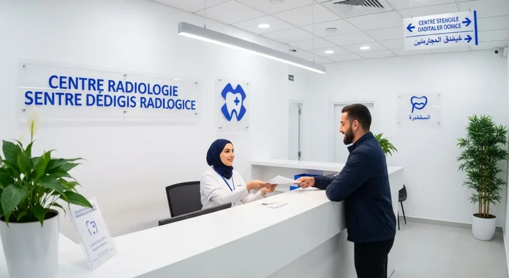 Accueil d'un centre de radiologie dentaire au Maroc, patient recevant ses documents avant son examen panoramique