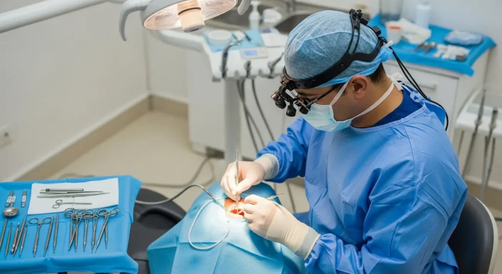 Chirurgien dentiste posant un implant dentaire dans un bloc opératoire dentaire au Maroc