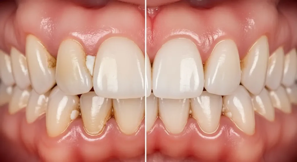 Comparaison dents avant et après détartrage dentaire professionnel