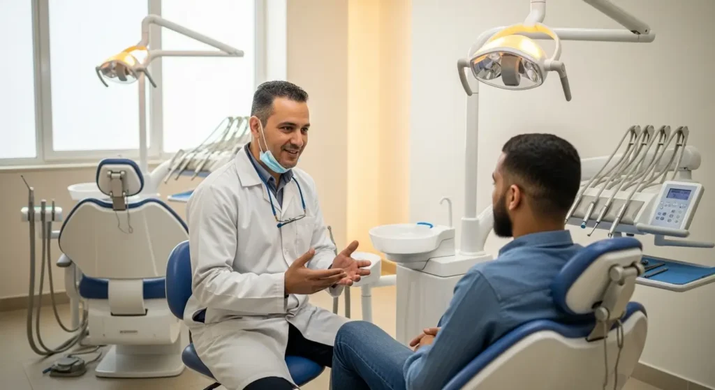 Dentiste marocain en consultation expliquant les causes de la mauvaise haleine à un patient