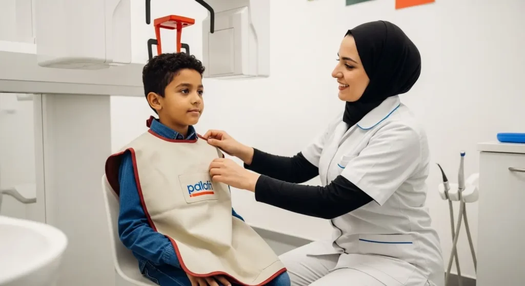 Enfant marocain portant un tablier de plomb lors d'une radiographie dentaire panoramique pour sa protection contre les radiations