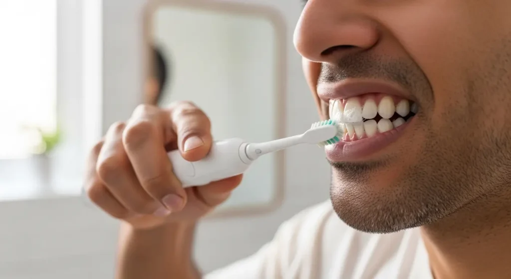 Entretien quotidien d'un implant dentaire avec une brosse à dents électrique pour une hygiène optimale