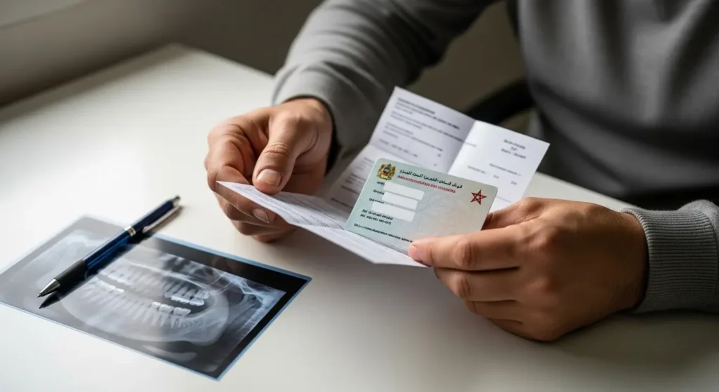 Facture de radiographie panoramique dentaire et carte d'assurance maladie AMO au Maroc