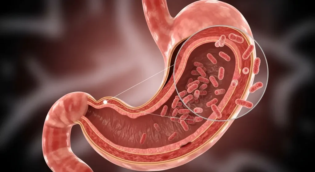 Illustration médicale de l'Helicobacter pylori dans l'estomac, cause digestive de la mauvaise haleine