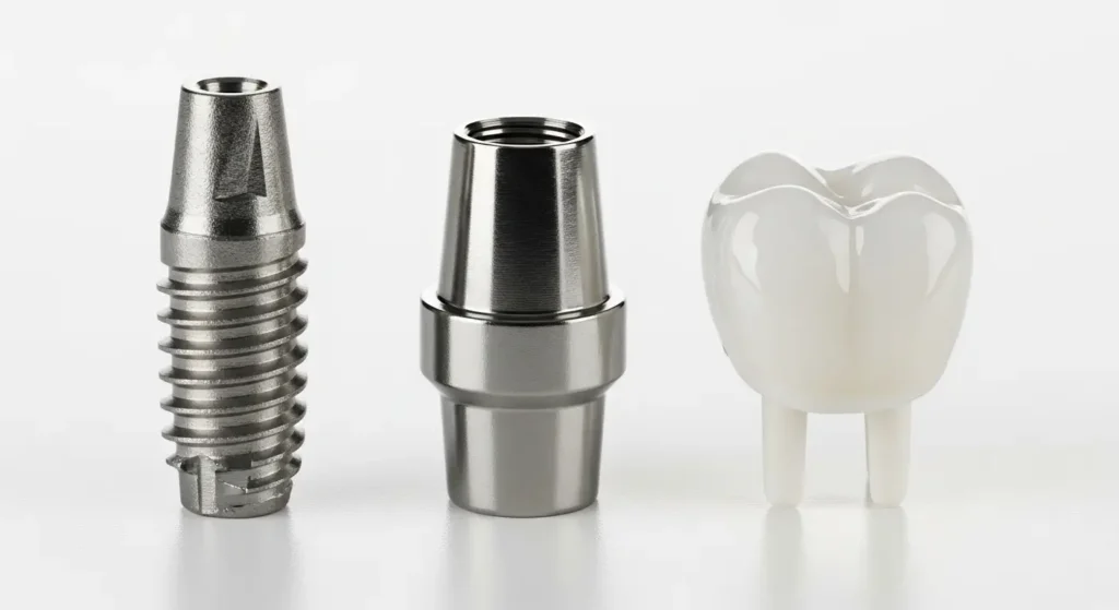 Les trois composants d'un implant dentaire vis en titane, pilier et couronne céramique