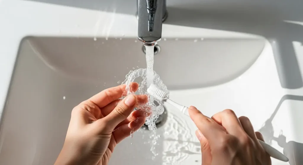 Nettoyage correct d'une gouttière dentaire à l'eau froide et brosse souple