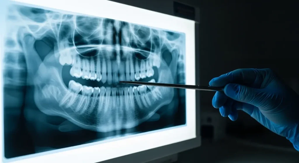 Radiographie panoramique dentaire affichée sur un négatoscope montrant l'ensemble des dents et de la mâchoire