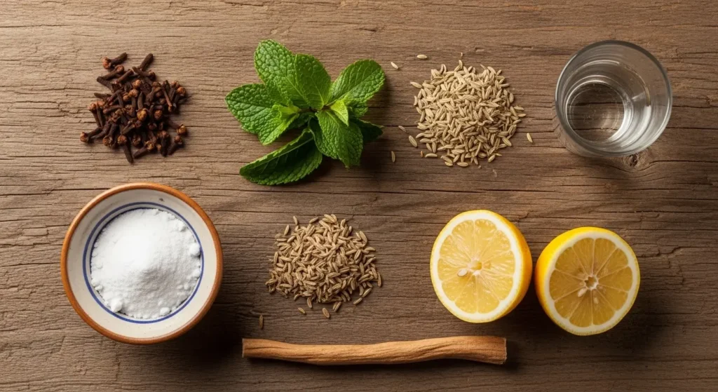 Remèdes naturels marocains contre la mauvaise haleine siwak, clous de girofle, menthe et bicarbonate