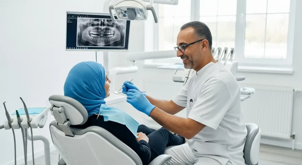 Dentiste au Maroc examinant une patiente souffrant de douleur dentaire
