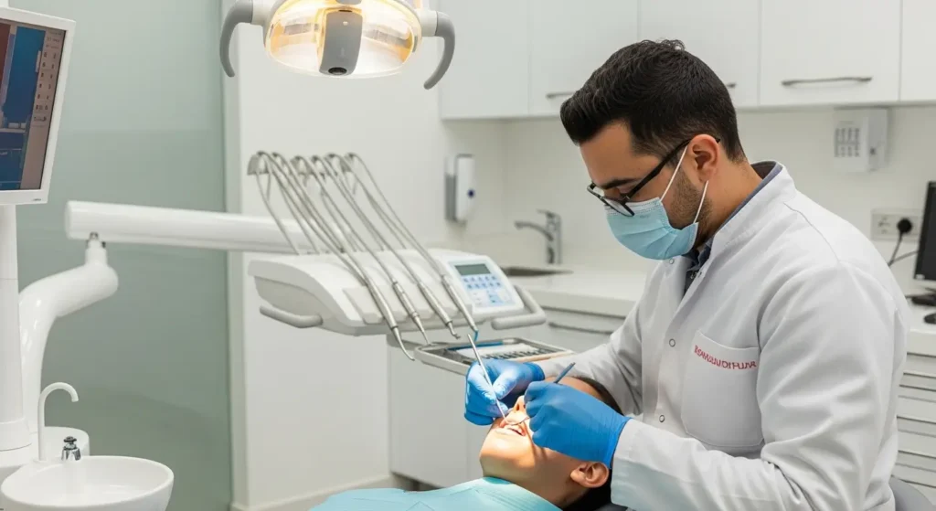 Dentiste au Maroc réalisant un plombage composite sur une molaire dans un cabinet dentaire moderne