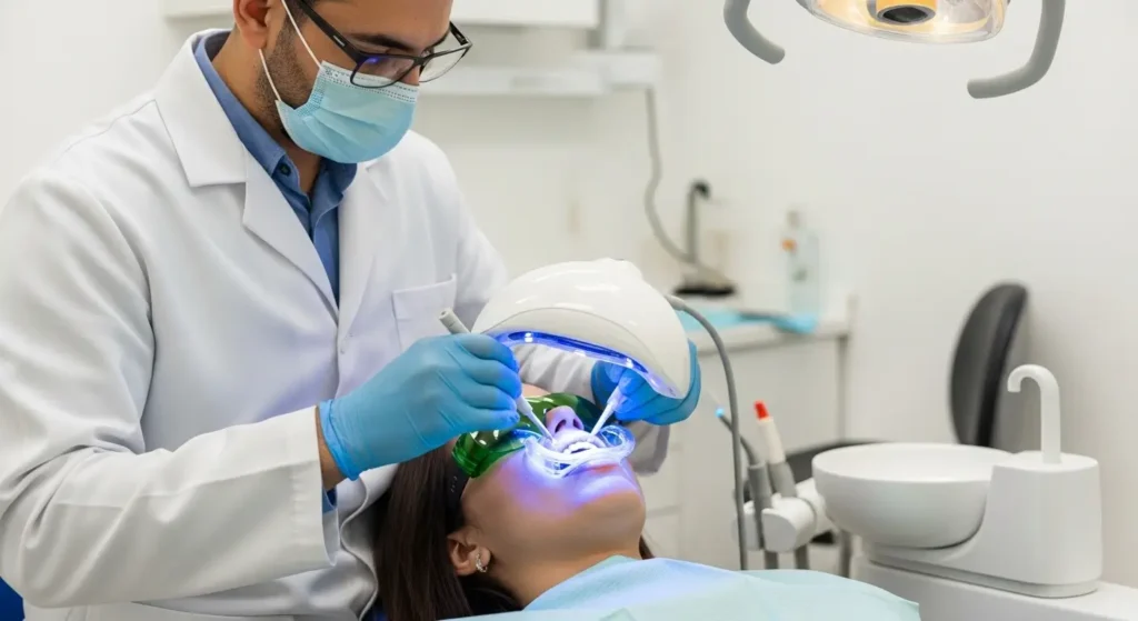 Dentiste réalisant un blanchiment dentaire avec lampe LED dans un cabinet moderne au Maroc