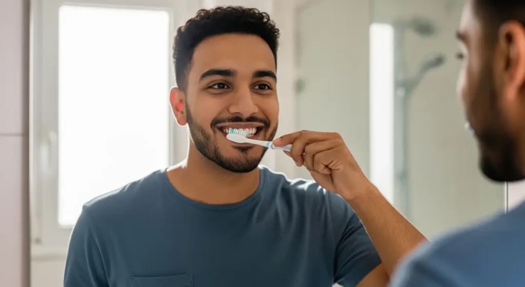 Femme marocaine se brossant les dents pour prévenir la rage de dents
