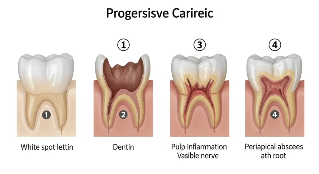 Les 4 stades d'évolution d'une carie dentaire de la tache blanche sur l'émail jusqu'à l'abcès dentaire
