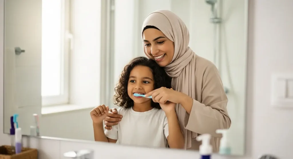 Mère marocaine apprenant à son enfant la bonne technique de brossage des dents pour prévenir les caries