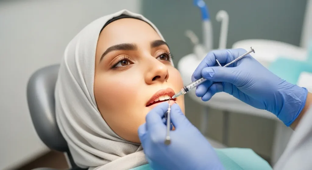Patiente détendue recevant une anesthésie locale chez le dentiste à Agadir
