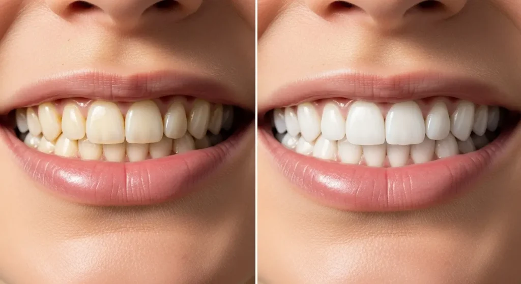 Résultat avant après blanchiment dentaire professionnel au Maroc — dents plus blanches après traitement